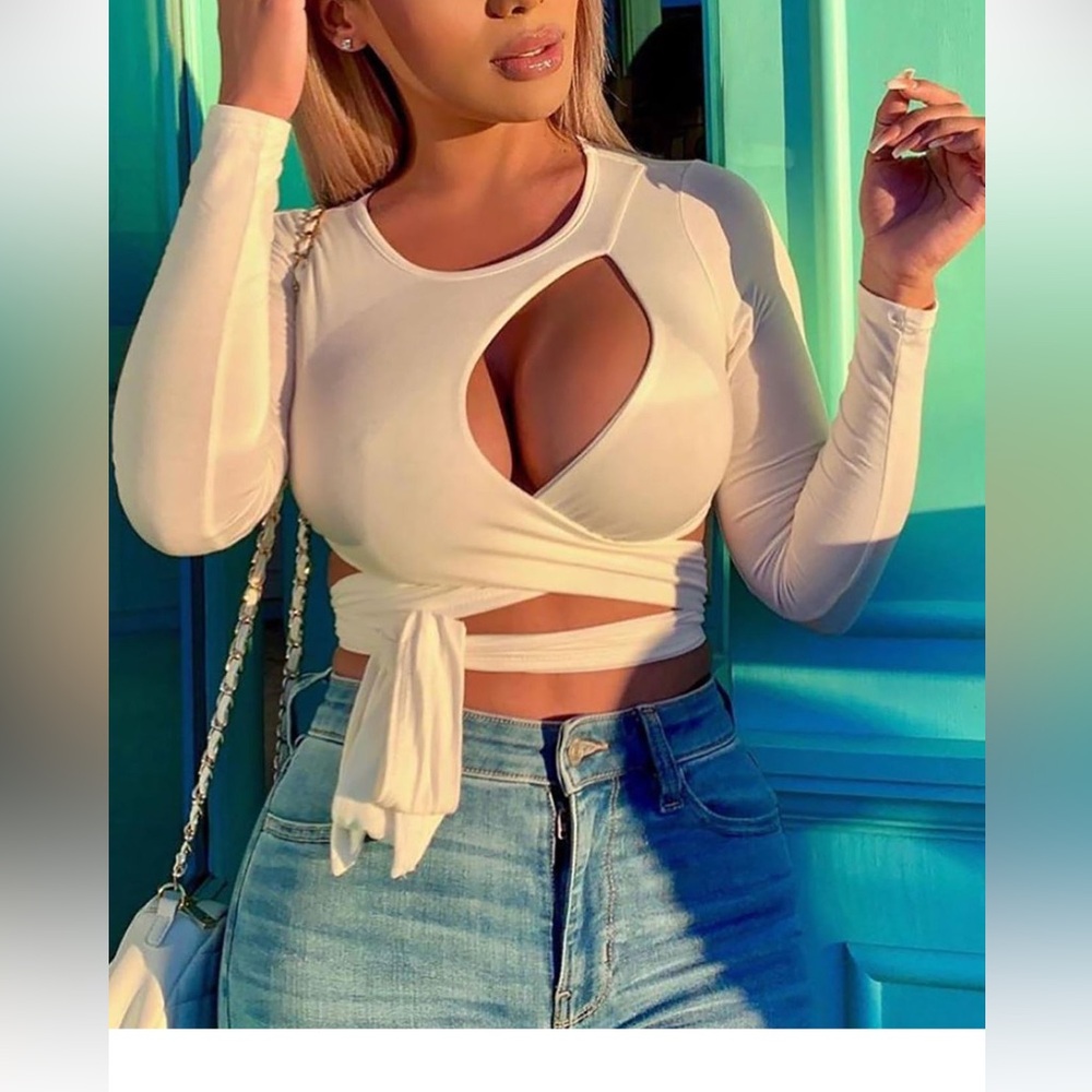 Cream Long-Sleeve Cutout Wrap Crop Top